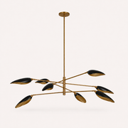 Studio front | eight-light chandelier with eight matte-black cone shades, light-gold interiors, brass arms and canopy