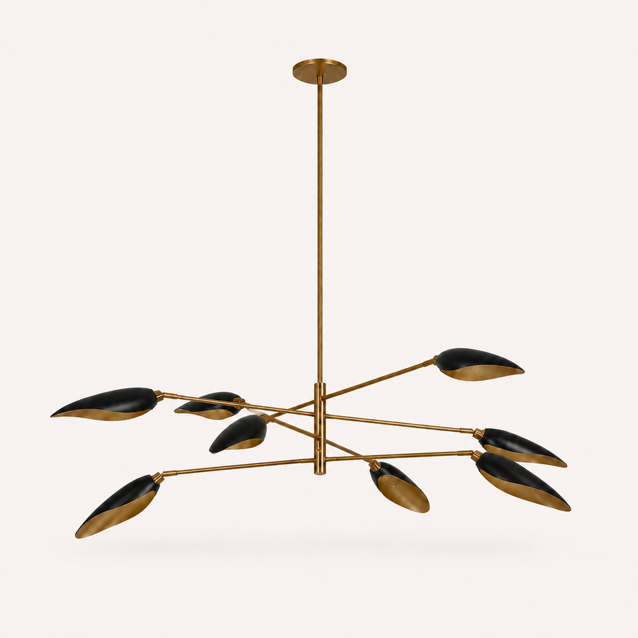 Studio front | eight-light chandelier with eight matte-black cone shades, light-gold interiors, brass arms and canopy