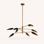 Studio side profile | eight black-and-gold cone shades, brass arms, central rod and round canopy