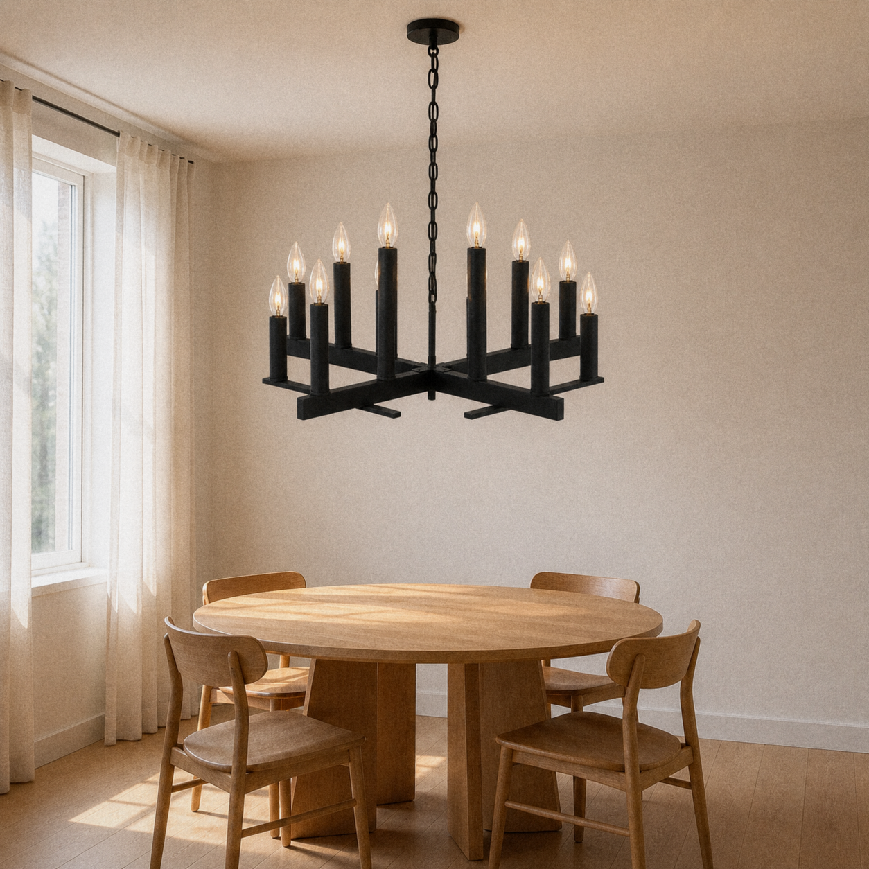 Warm white dining room | dark aged-zinc 12-light open X-frame chandelier above a round oak table