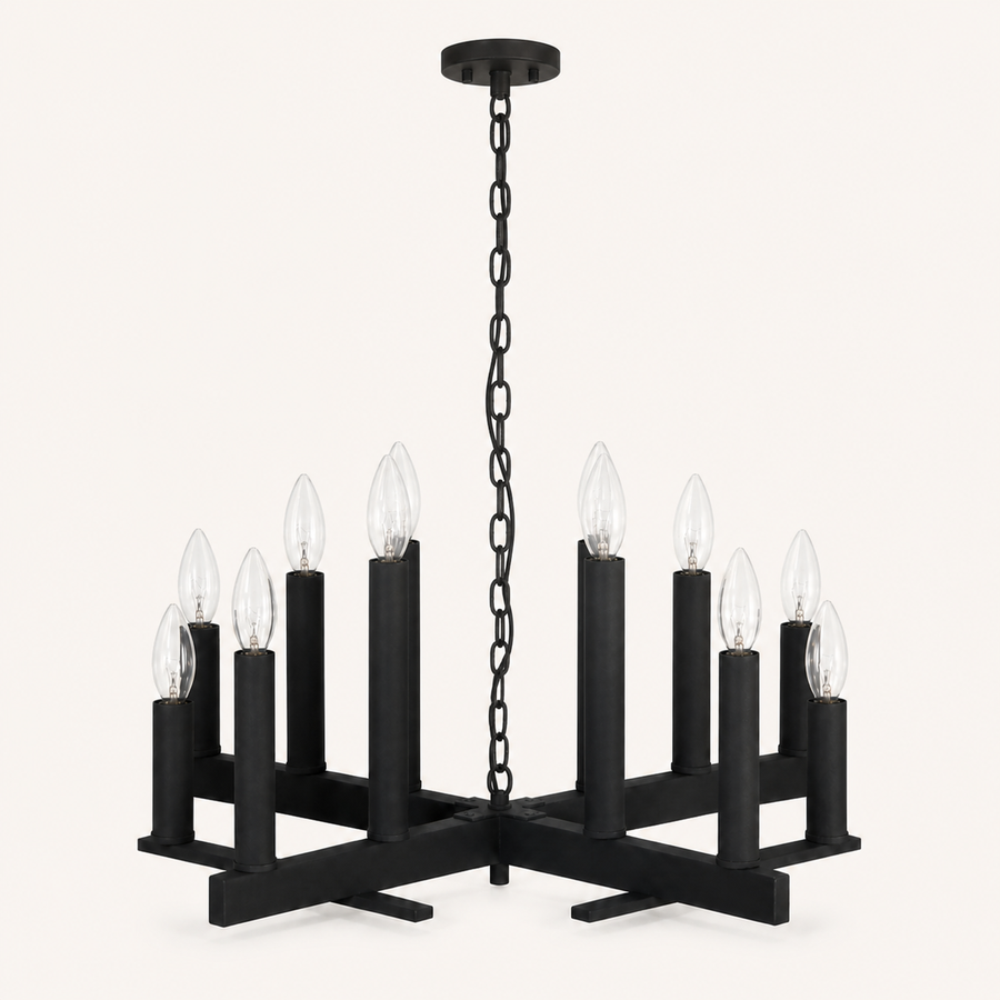 Studio front | dark aged-zinc open X-frame chandelier with twelve upright candle sockets, round canopy and chain