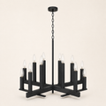 Side profile | dark aged-zinc X-frame chandelier showing chain, canopy, crossbar depth and twelve sockets