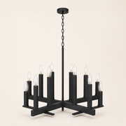 Side profile | dark aged-zinc X-frame chandelier showing chain, canopy, crossbar depth and twelve sockets