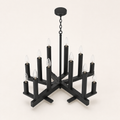 High three-quarter studio view | dark aged-zinc open X-frame chandelier showing its canopy, chain and crossed bars