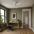 Scale | white five-blade flush ceiling fan in a home office with a full-height doorway