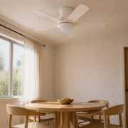 Dining room angle | underside view of the white five-blade flush ceiling fan