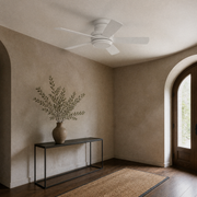 Entryway | white five-blade flush ceiling fan in a clay-plaster entry