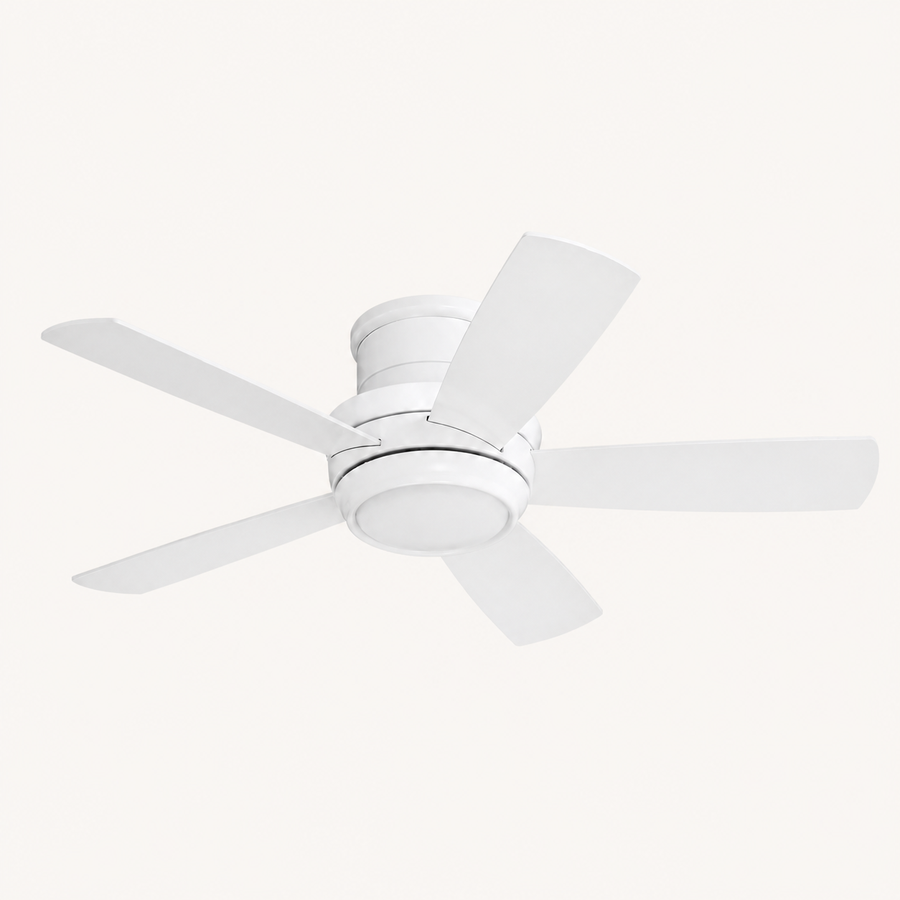 Studio front | white five-blade flush ceiling fan with a frosted LED bowl
