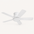 Studio underside | low side view of the white fan's flush canopy and frosted LED bowl