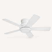 Studio underside | low side view of the white fan's flush canopy and frosted LED bowl