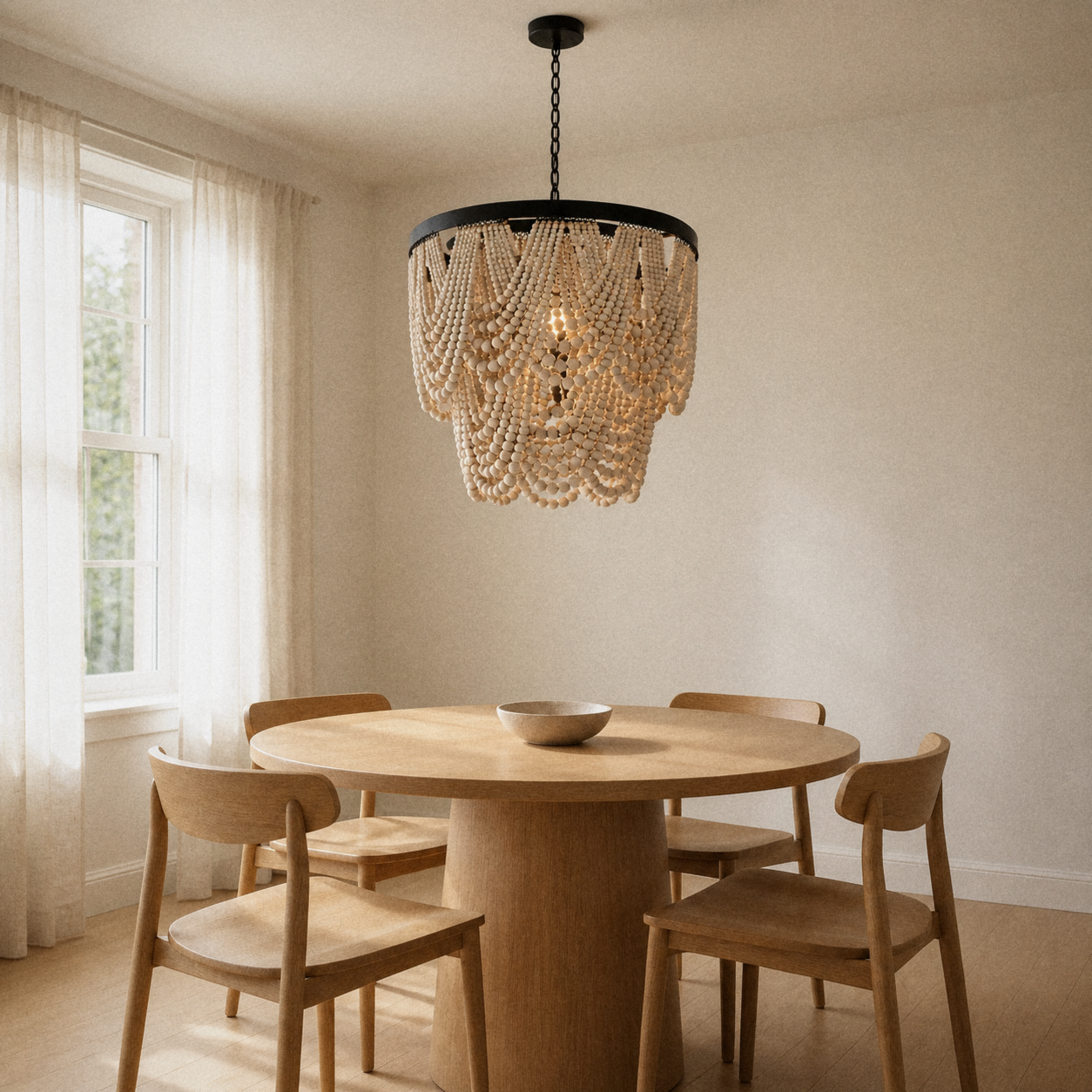 In a room | warm dining room with a cream wood-bead chandelier hanging over a round oak table