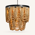 Front | front studio view of the cream wood-bead chandelier with black metal rim and chain