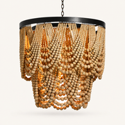 Front | front studio view of the cream wood-bead chandelier with black metal rim and chain