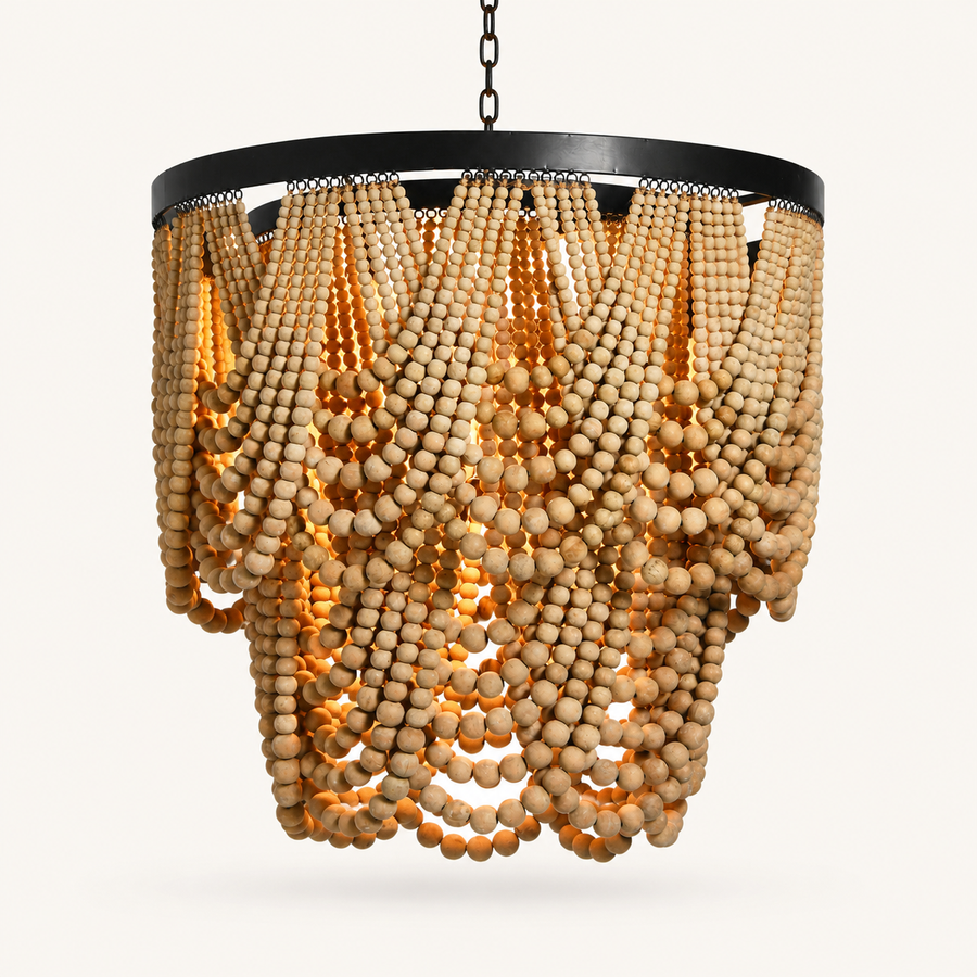 Front | front studio view of the cream wood-bead chandelier with black metal rim and chain