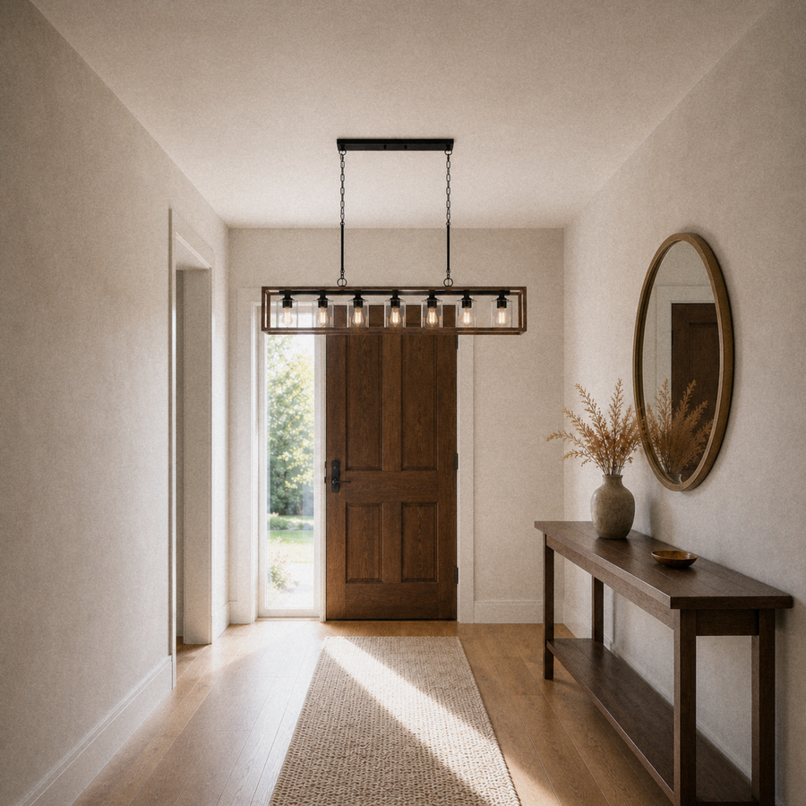 Entryway | the same chandelier hanging above a wood front door in a hallway with a round mirror and console table