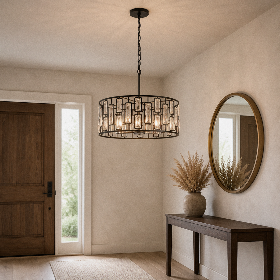 Entryway | the same chandelier hanging over a console table in an entry