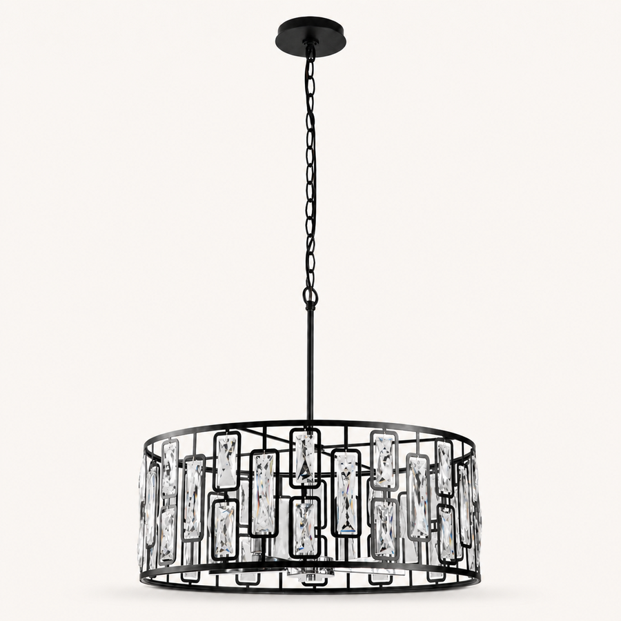 Front | studio front of the black metal drum and hanging crystal battens