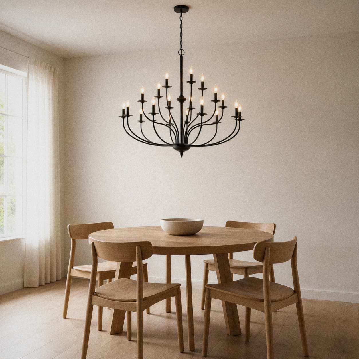 In a room | warm white dining room with a matte-black 18-light three-tier chandelier above a round pale-oak table and four oak chairs
