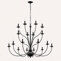 Front | front studio view of a matte-black 18-light three-tier chandelier with chain, canopy, and curved arms