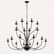 Front | front studio view of a matte-black 18-light three-tier chandelier with chain, canopy, and curved arms