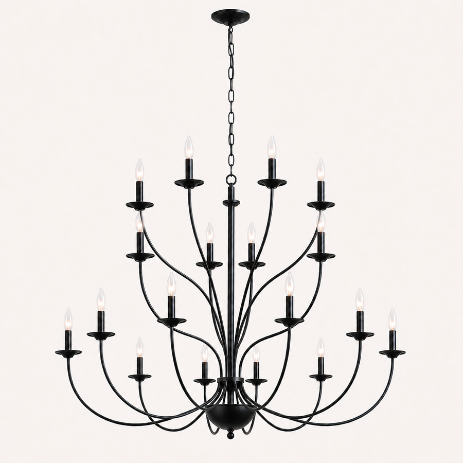 Front | front studio view of a matte-black 18-light three-tier chandelier with chain, canopy, and curved arms