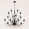 Studio | studio three-quarter view of a matte-black 18-light chandelier showing chain, canopy, curved arms, and lower finial