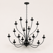 Studio | studio three-quarter view of a matte-black 18-light chandelier showing chain, canopy, curved arms, and lower finial