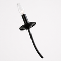 Texture | close view of a clear candle-style bulb, black cylindrical socket, drip pan, and curved matte-black arm