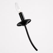 Texture | close view of a clear candle-style bulb, black cylindrical socket, drip pan, and curved matte-black arm