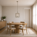 Scale | antique silver lantern pendant over an oak table beside a full-height interior doorway