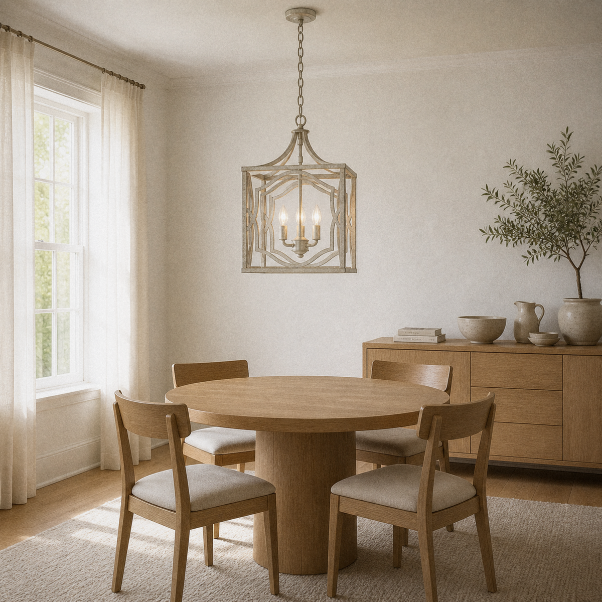 In a room | antique silver three-light open lantern pendant over a pale oak dining table