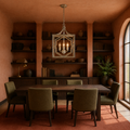 In a room | antique silver three-light lantern pendant in a terracotta library dining room