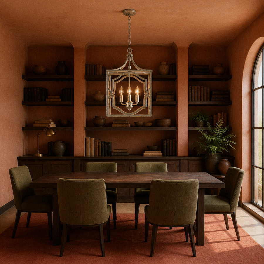 In a room | antique silver three-light lantern pendant in a terracotta library dining room