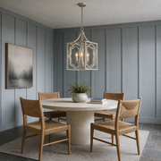 In a room | antique silver three-light lantern pendant in a cool blue-gray sunroom dining room