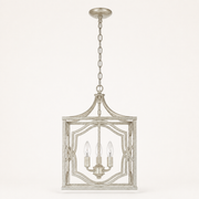 Front | straight studio front of the antique silver three-light lantern pendant with chain and canopy