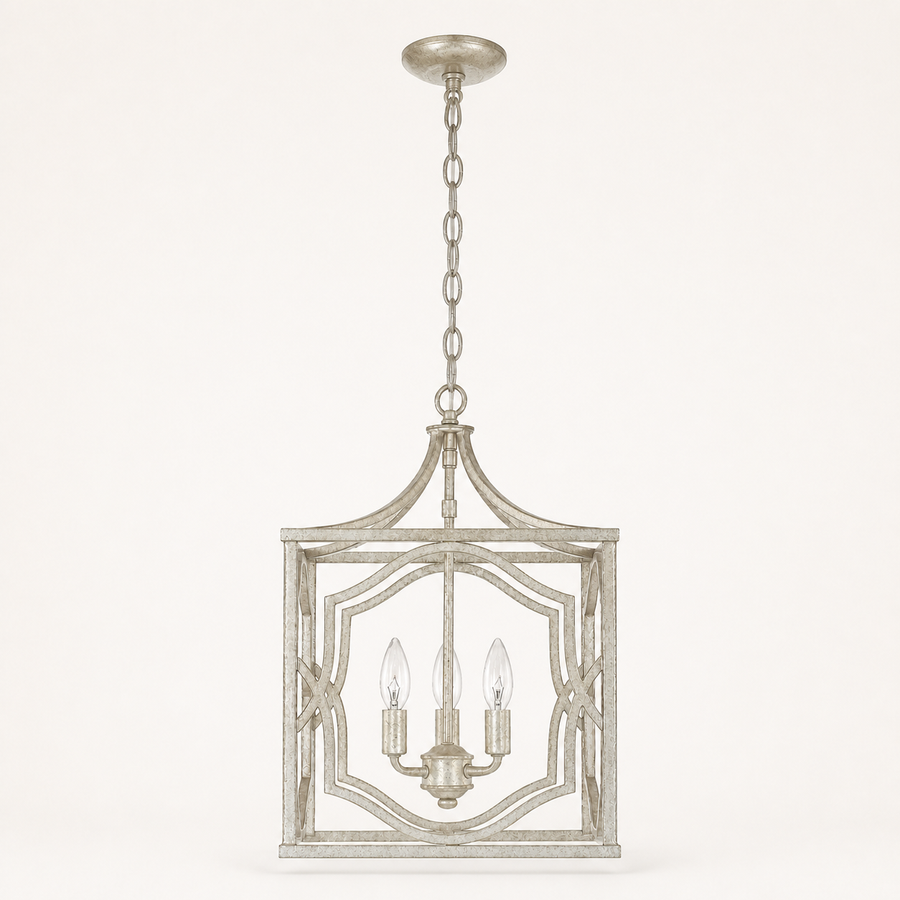 Front | straight studio front of the antique silver three-light lantern pendant with chain and canopy