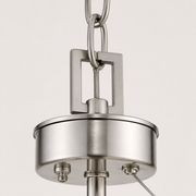 Hardware | marnau Sein 5-Light Drum Chandelier close view of the linked chain, square connector, canopy and support cable