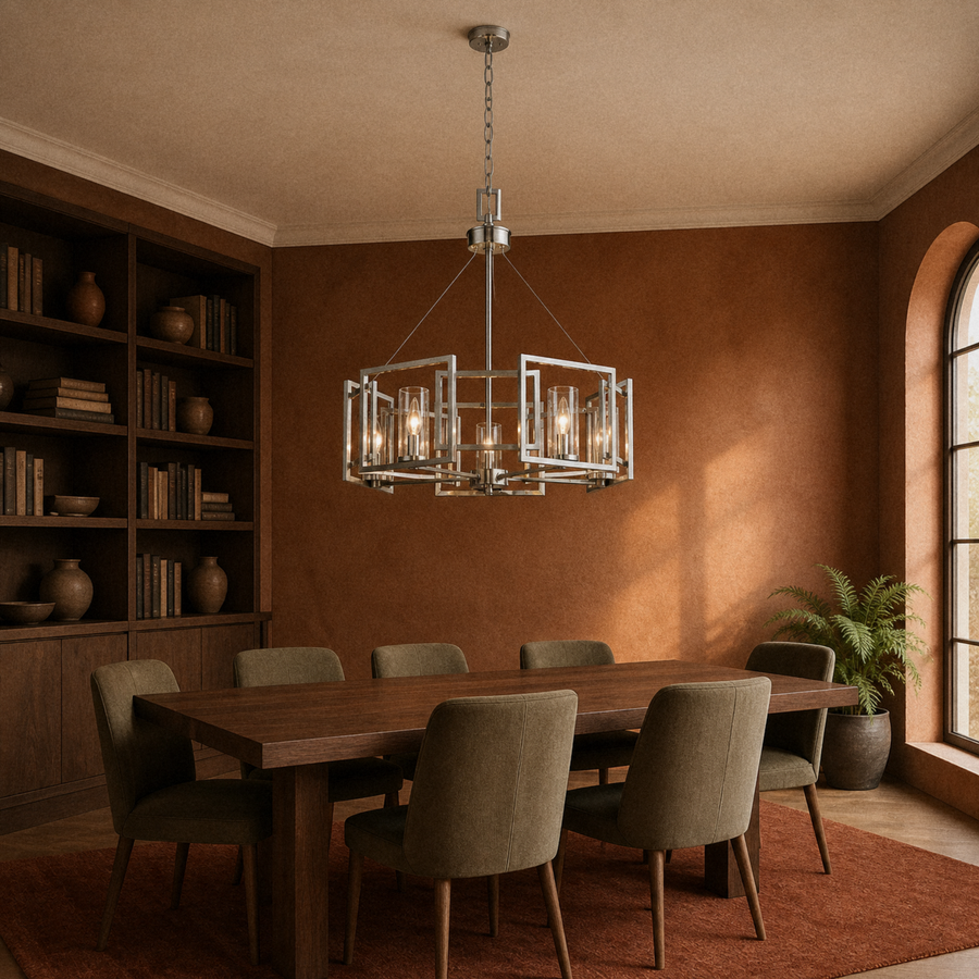 In a room | marnau Sein 5-Light Drum Chandelier over a dark-oak dining table in a terracotta library