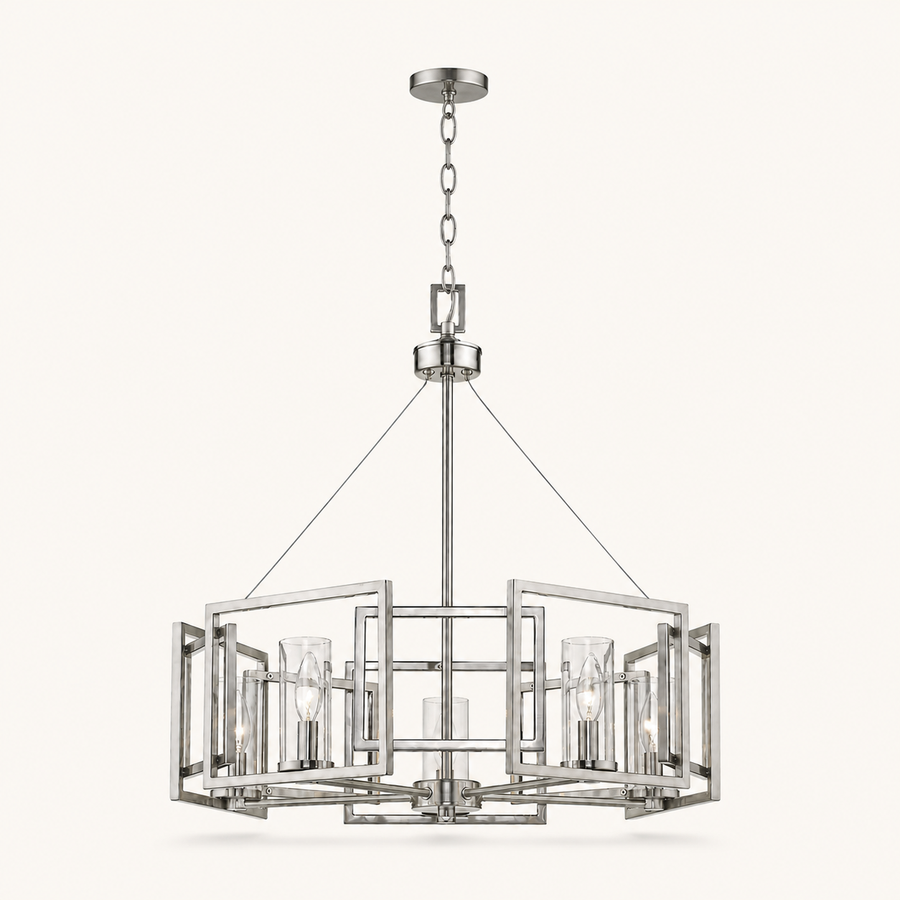 Front | marnau Sein 5-Light Drum Chandelier front view with five clear glass cylinders on a warm-white studio background