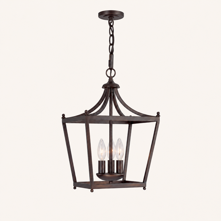 Front | Straight-on studio view of the chain-hung burnished bronze open lantern pendant with three candelabra sockets