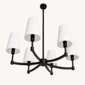 Underside studio view | six white shades, black arms, central hub, rigid downrod, and canopy