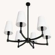 Underside studio view | six white shades, black arms, central hub, rigid downrod, and canopy