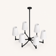 Elevated studio angle | six white fabric drum shades, black arms, hub, canopy, and downrod