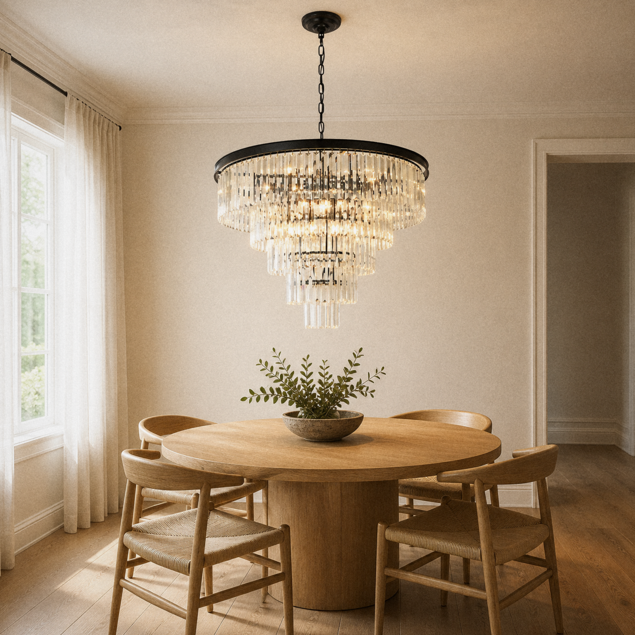 In a room | matte-black crystal chandelier hanging over a round oak dining table