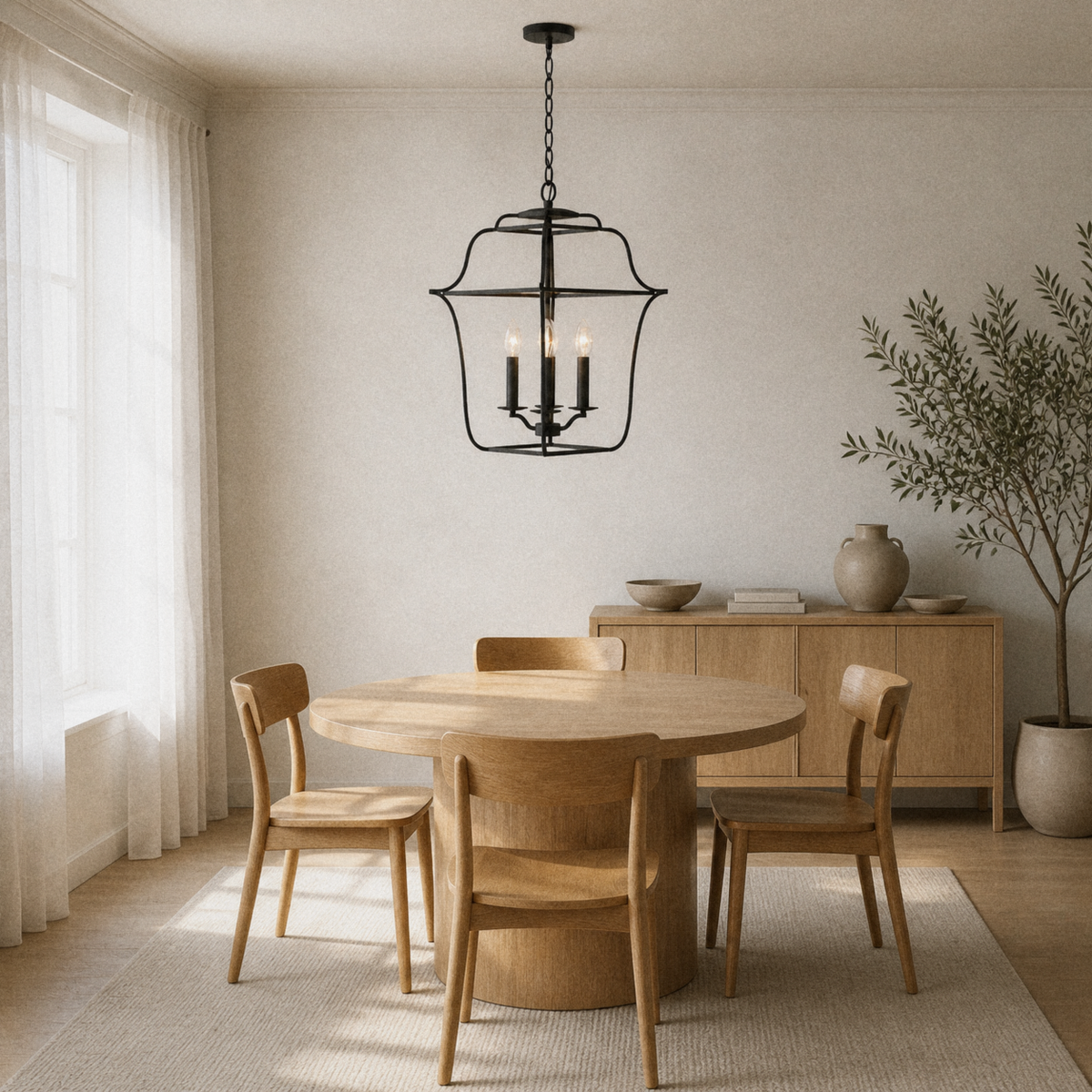 In a room | Royal Ebony 4-light open-lantern chandelier above a round oak dining table