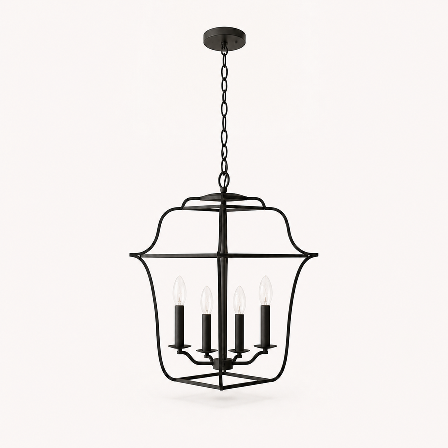 Front | studio view of Royal Ebony open lantern chandelier with four candle sockets
