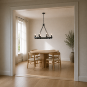 Scale view | 8-light chandelier shown within an uncropped floor-to-ceiling doorway