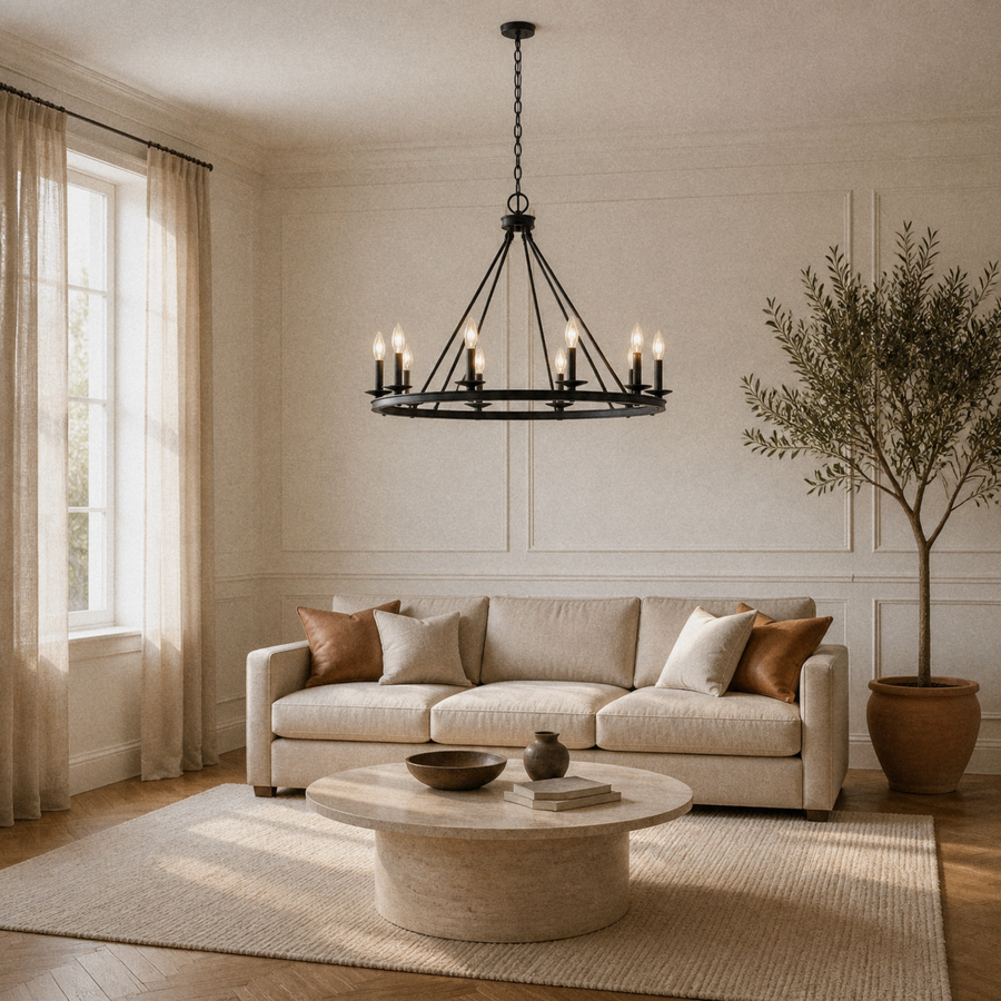 In a living room | dark Classic Bronze 8-light wagon-wheel chandelier over a round coffee table