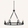 Front | dark Classic Bronze 8-light wagon-wheel chandelier with chain, canopy, four braces, and open ring