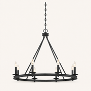 Front | dark Classic Bronze 8-light wagon-wheel chandelier with chain, canopy, four braces, and open ring